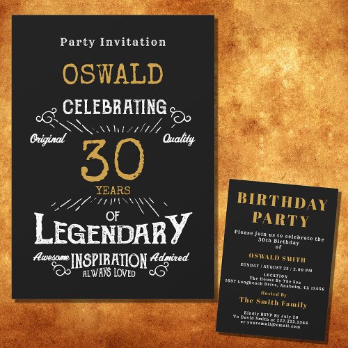 30th Birthday Born Legendary Black Gold Retro Invitation
