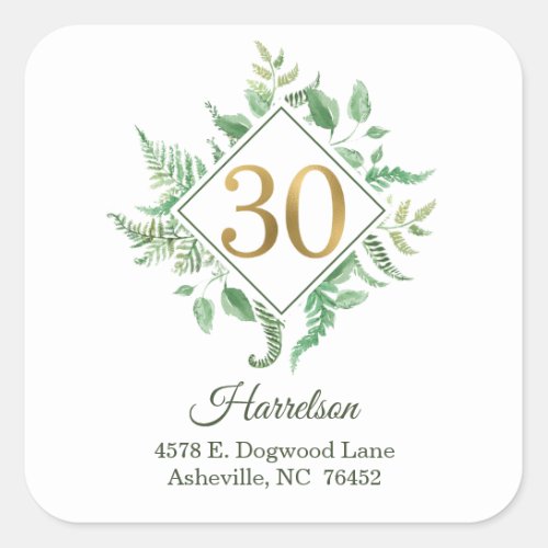 30th Birthday Botanical Return Address Square Sticker
