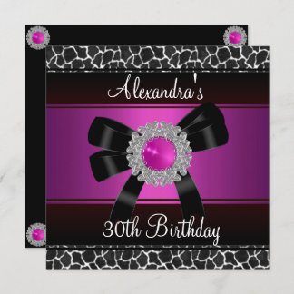 30th Birthday Bright Pink Giraffe Silver jewel 2 Invitation