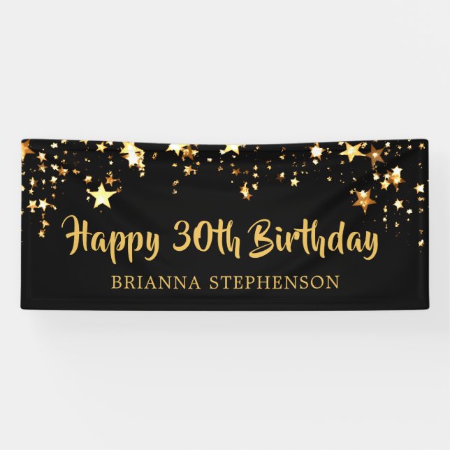 30th Birthday Brush Script Black Gold Stars Banner (Horizontal)
