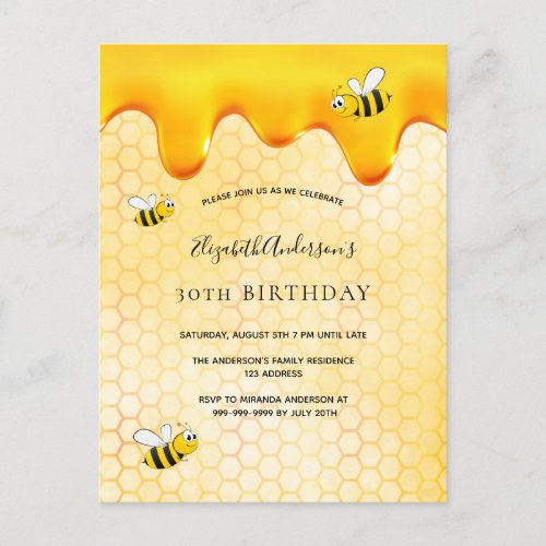 30th birthday bumble bees honey invitation postcard