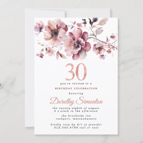 30th Birthday Burgundy Dusty Blush Pink Floral Invitation