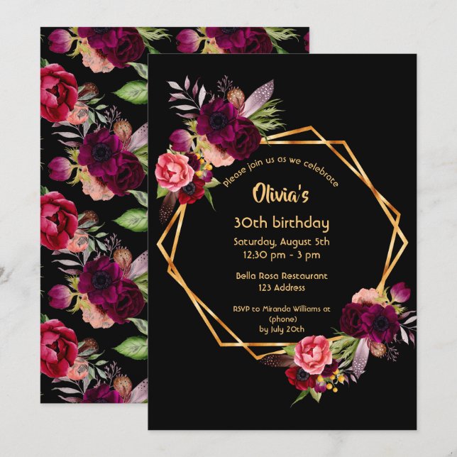 30th birthday burgundy floral gold geometric black invitation (Front/Back)