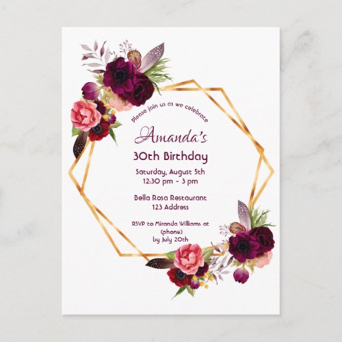 30th birthday burgundy floral gold invitation postcard