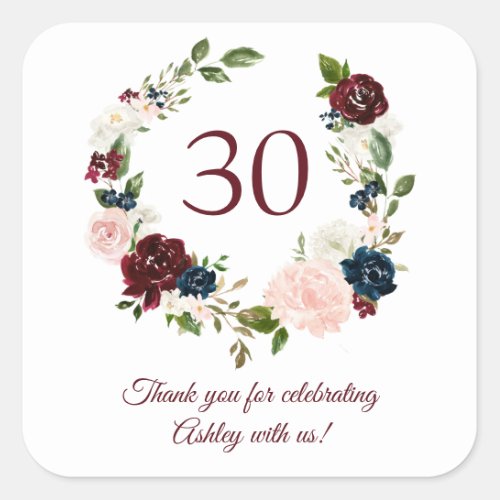 30th Birthday Burgundy Floral Thank You  Square Sticker