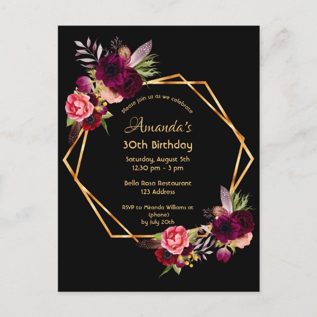 30th birthday burgundy gold black invitation postcard (Front)