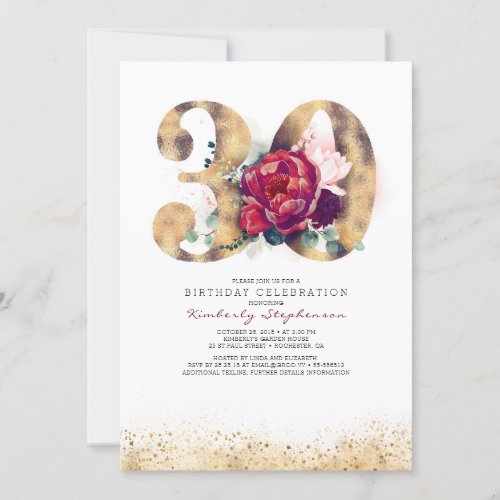 30th Birthday Burgundy Gold Floral Invitation