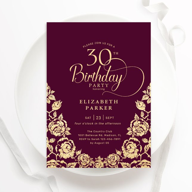 30th Birthday Burgundy Gold Roses Invitation (Creator Uploaded)
