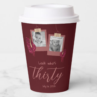30th Birthday Burgundy Red Elegant Custom Photo Paper Cups