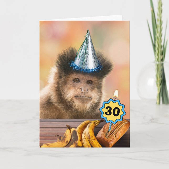 30th Birthday Capuchin Monkey Bananas Add Year Card (Front)