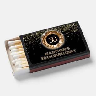 30th Birthday Celebration Black Gold Glitter  Matchboxes