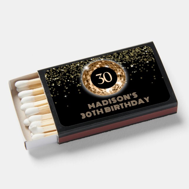 30th Birthday Celebration Black Gold Glitter  Matchboxes (Front Open)
