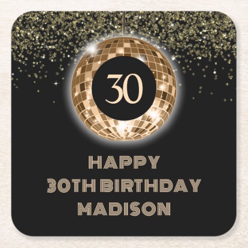 30th Birthday Celebration Black Gold Glitter  Square Paper Coaster