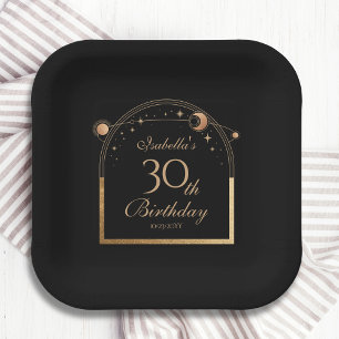 30th Birthday Celestial Black Gold Sun Moon Stars Paper Plates