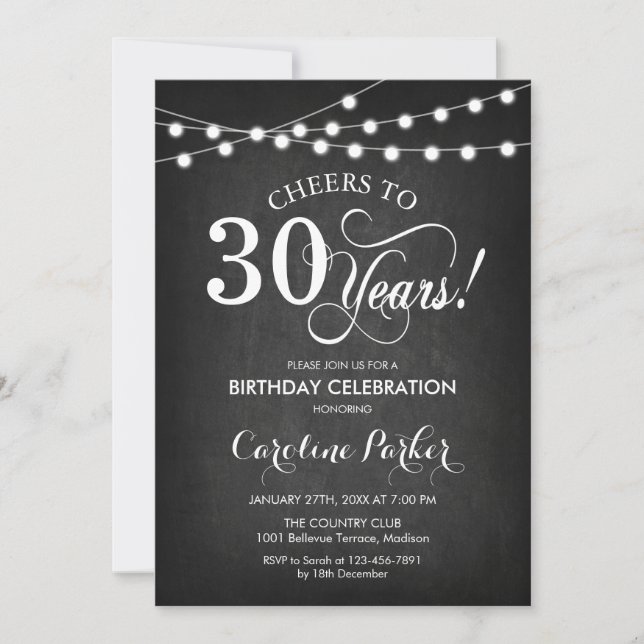 30th Birthday - Chalkboard Black White Invitation (Front)