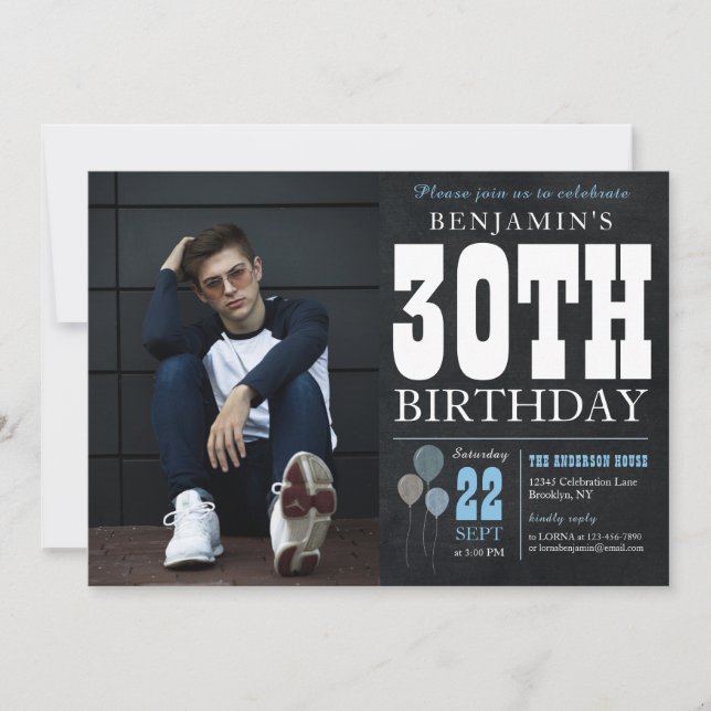 30th Birthday Chalkboard Blue Balloon Rustic Photo Invitation (Front)