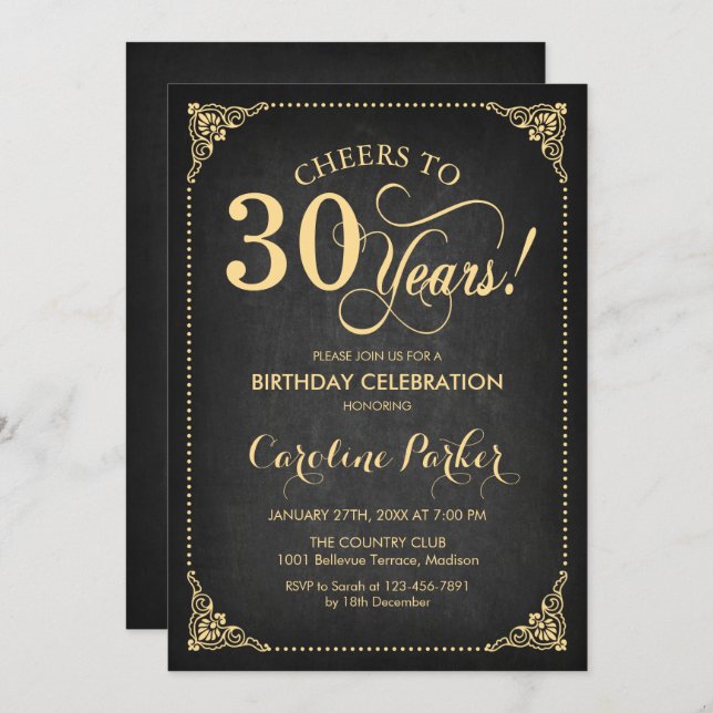30th Birthday - Chalkboard Gold Invitation (Front/Back)