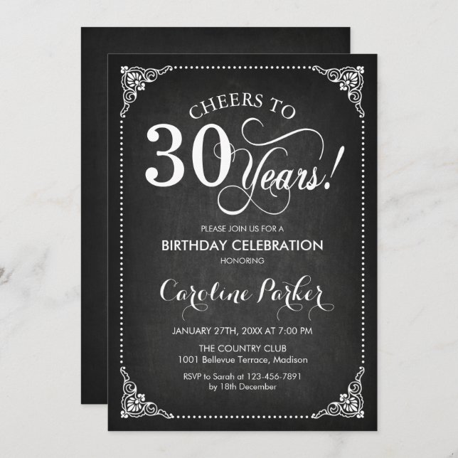 30th Birthday - Chalkboard White Invitation (Front/Back)