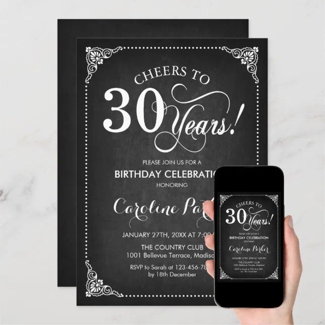 30th Birthday - Chalkboard White Invitation | Zazzle