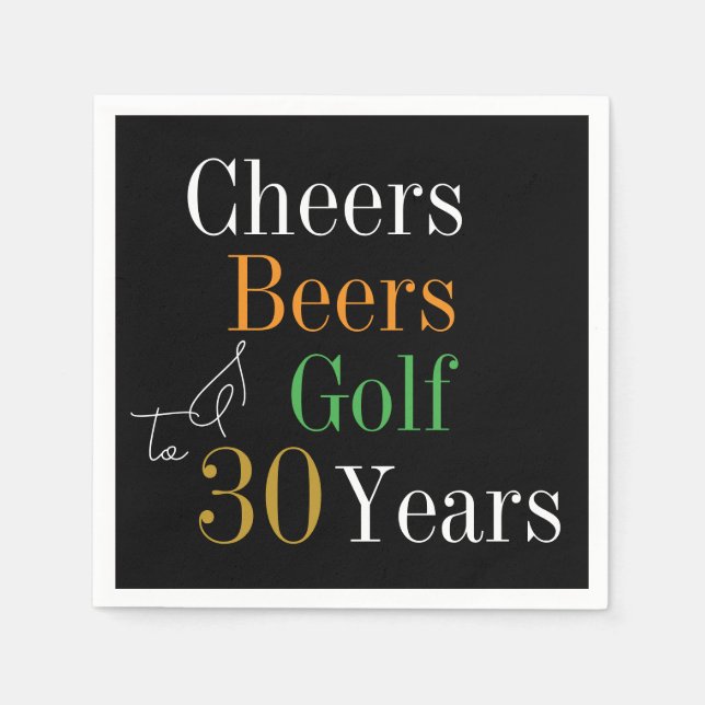 30th Birthday Cheers and Beers Golf Black and Gold Napkins (Front)