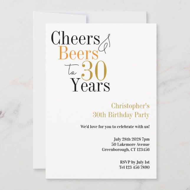 30th Birthday Cheers and Beers Minimal Party Invitation (Front)