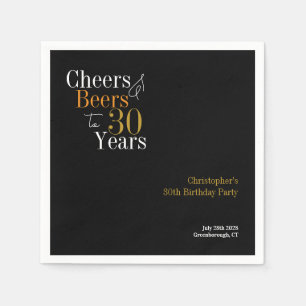 30th Birthday Cheers and Beers Party Black Gold Napkins