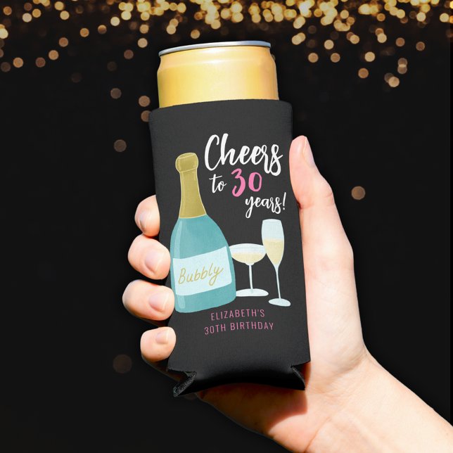 30th birthday Cheers to 30 years girls champagne Seltzer Can Cooler (Fun girly 30th birthday party can coolers Cheers to 30 Years bubbles champagne fizz)