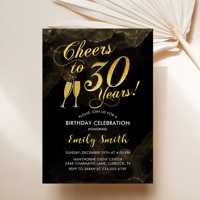 30th Birthday - Cheers To 30 Years Gold Black Invitation (Creator Uploaded)