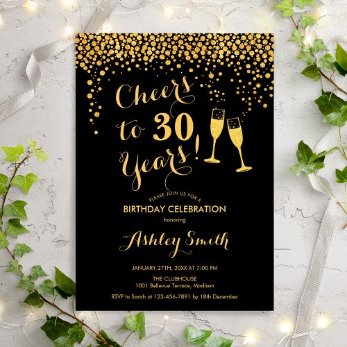 30th Birthday _ Cheers To 30 Years Gold Black Invitation