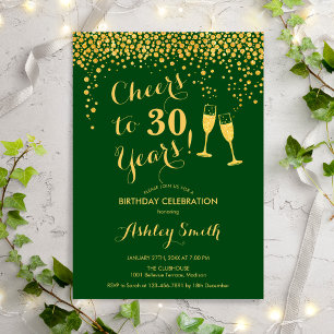 30th Birthday - Cheers To 30 Years Gold Green Invitation