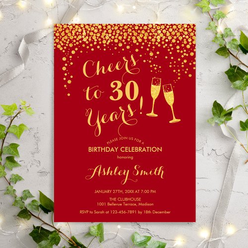 30th Birthday _ Cheers To 30 Years Gold Red Invitation