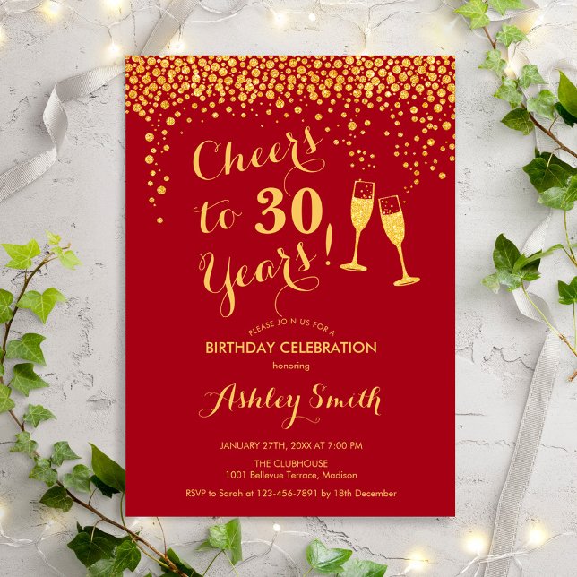 30th Birthday - Cheers To 30 Years Gold Red Invitation (Creator Uploaded)