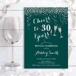 30th Birthday - Cheers To 30 Years Green Silver Invitation<br><div class="desc">30th Birthday Invitation. Cheers To 30 Years! Elegant design in emerald green,  white and silver. Features champagne glasses,  script font and glitter silver confetti. Perfect for a stylish thirtieth birthday party. Personalize with your own details. Can be customized to show any age.</div>