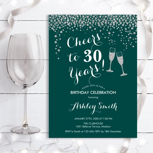 30th Birthday _ Cheers To 30 Years Green Silver Invitation