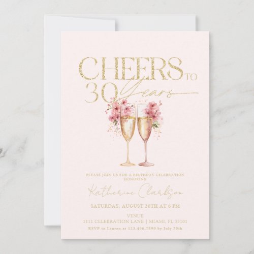 30th Birthday Cheers To 30 Years Pink Gold Floral Invitation