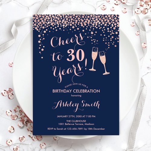 30th Birthday _ Cheers To 30 Years Rose Gold Navy Invitation