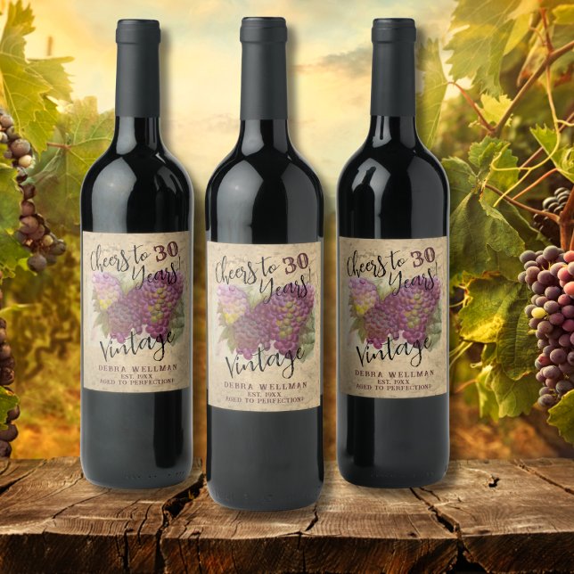 30th Birthday Cheers to 30 Years Rustic Vineyard Wine Label (Creator Uploaded)