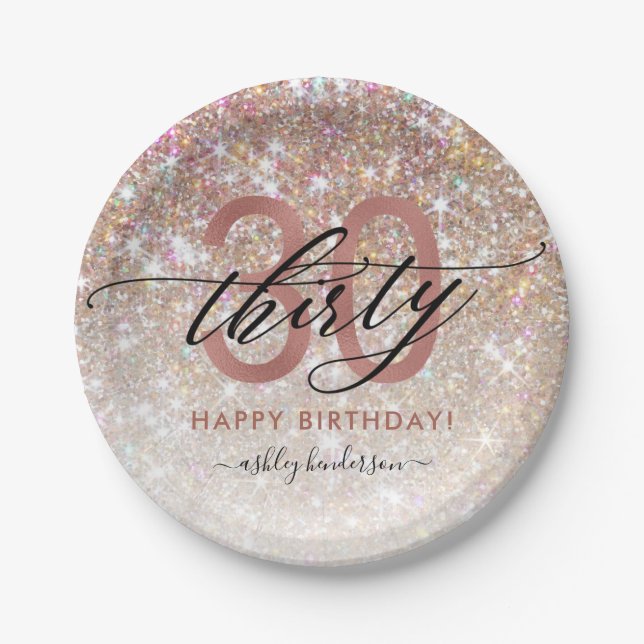 30th Birthday Chic Glitter Ombre Card Paper Plates (Front)