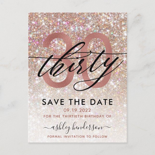 30th Birthday Chic Glitter Ombre Save The Date Announcement Postcard (Front)