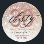 30th Birthday Chic Glitter Ombre Thank You Classic Round Sticker<br><div class="desc">Modern chic girly thank you stickers for 30th  birthday. Design featuring champagne sparkly glitter texture,  rose gold 30 and calligraphy script thirty. Personalize with a name and date.</div>