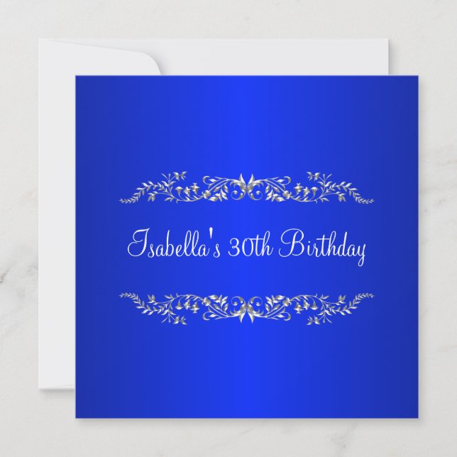 30th Birthday Cobalt & Silver Floral Metal Invitation (Front)