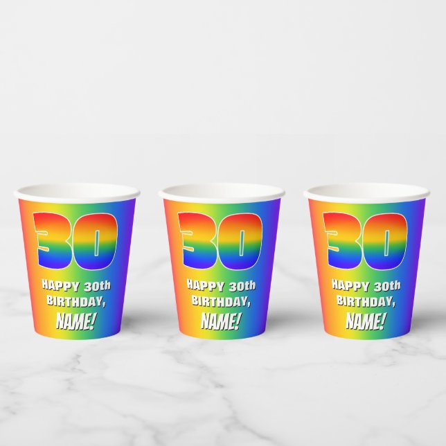 30th Birthday: Colorful, Fun Rainbow Pattern # 30 Paper Cups (Multi)