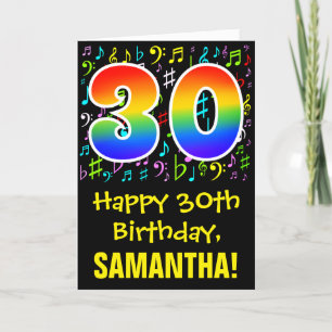 30th Birthday: Colorful Music Symbols + Rainbow 30 Card