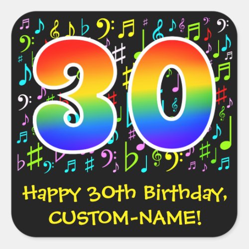30th Birthday Colorful Music Symbols Rainbow 30 Square Sticker