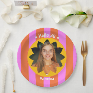 30th birthday colorful photo pink yellow trendy paper plates
