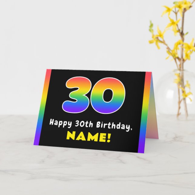 30th Birthday: Colorful Rainbow # 30, Custom Name Card (Yellow Flower)