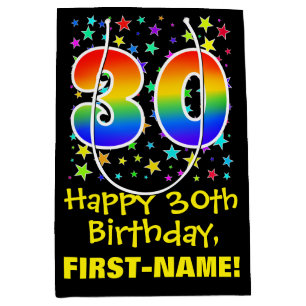30th Birthday: Colorful Stars Pattern & Rainbow 30 Medium Gift Bag
