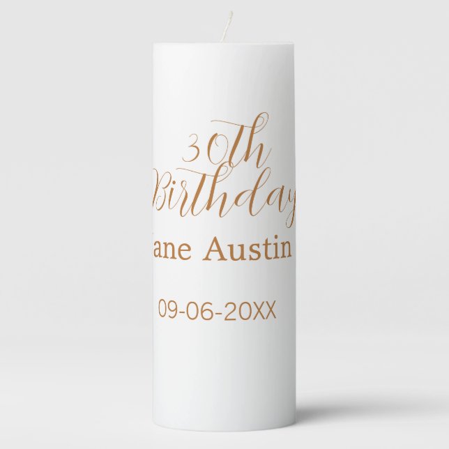 30th birthday copper brown simple stylish name dat pillar candle (Front)