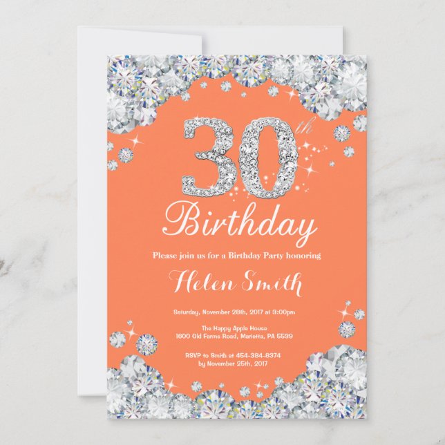30th Birthday Coral and Silver Diamond Invitation (Front)