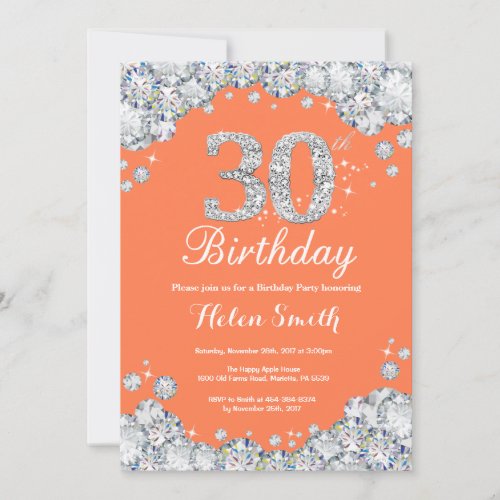 30th Birthday Coral and Silver Diamond Invitation
